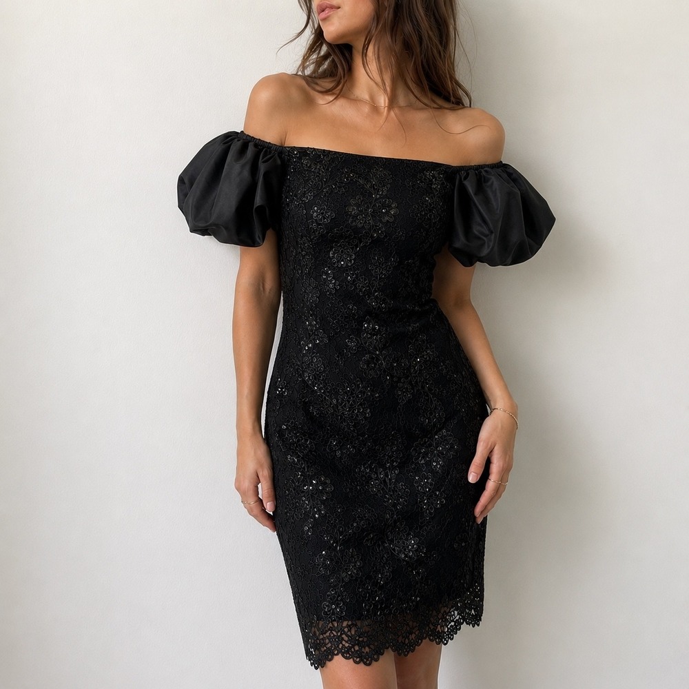 Eliza J Black Dress Sequin Lace Off Shoulder Puff Sleeve Size 4 Glam Cocktail